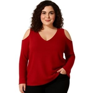 Roz & Ali Red Cold Shoulder V-Neck Sweater 2X
